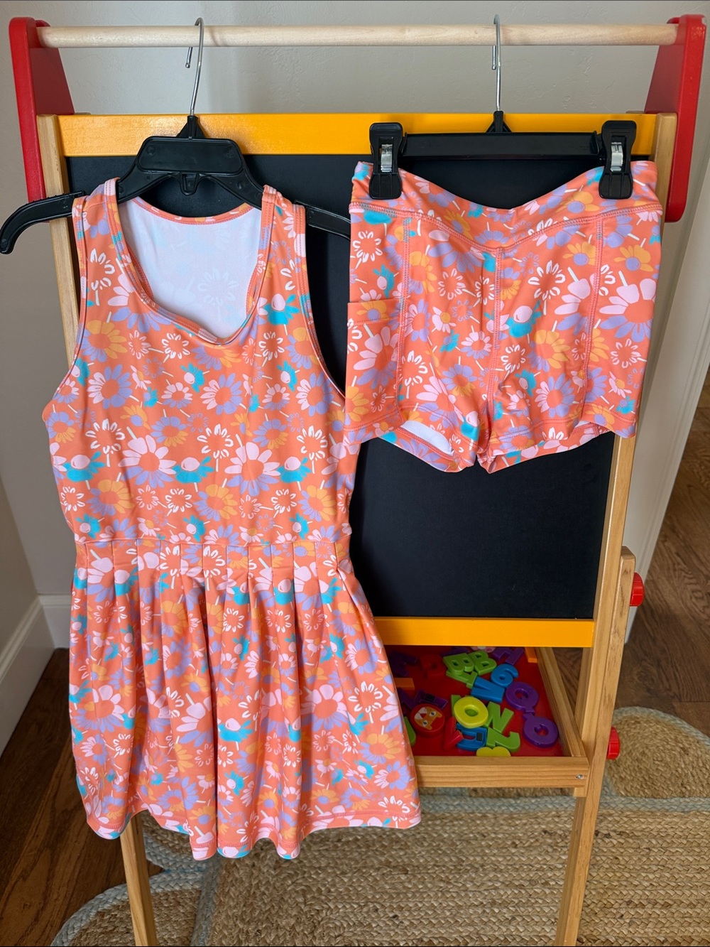 RuffleButts Coral Floral Ruffle Active Dress
